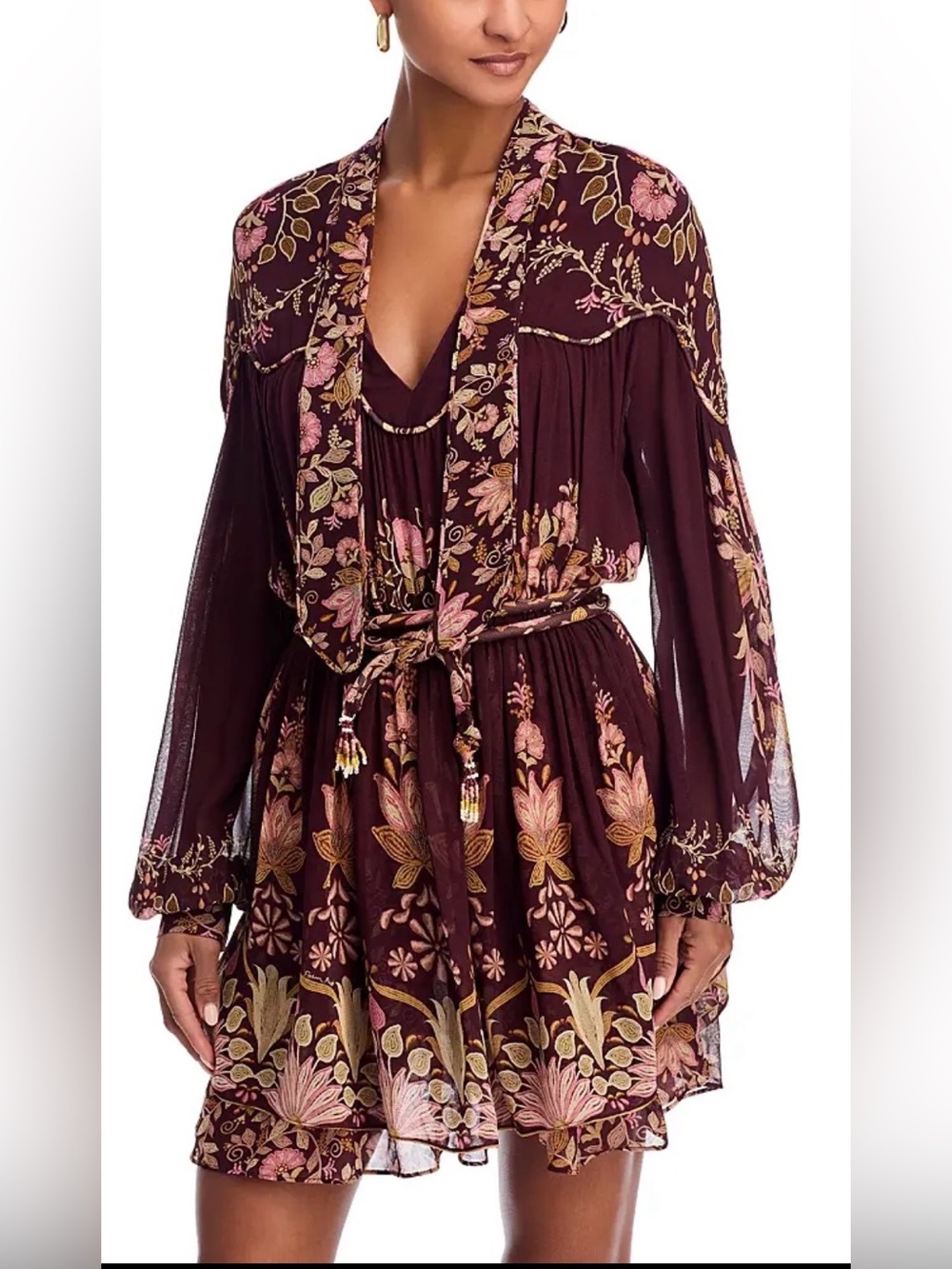 FARM Rio Bella Burgundy Floral Long Sleeve Minidress